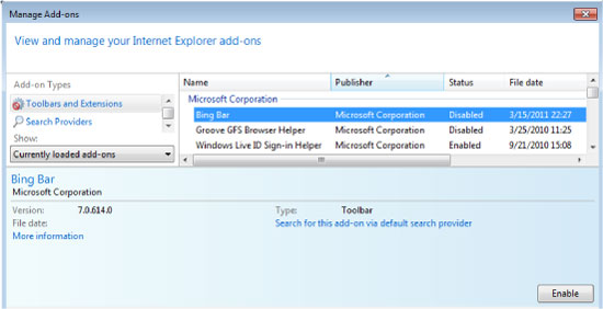 Kudeatu gehigarriak UI Internet Explorer-en irudia